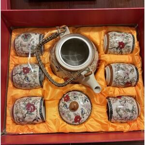 Vintage Chinese Tea Set with 6 Cups and Teapot Birds Floral Ceramic